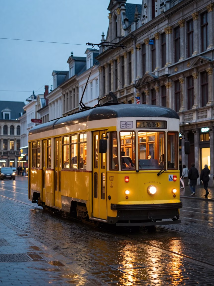 Heritage Tram in Brussels at The Early Evening Light in in Brussels, Belgium