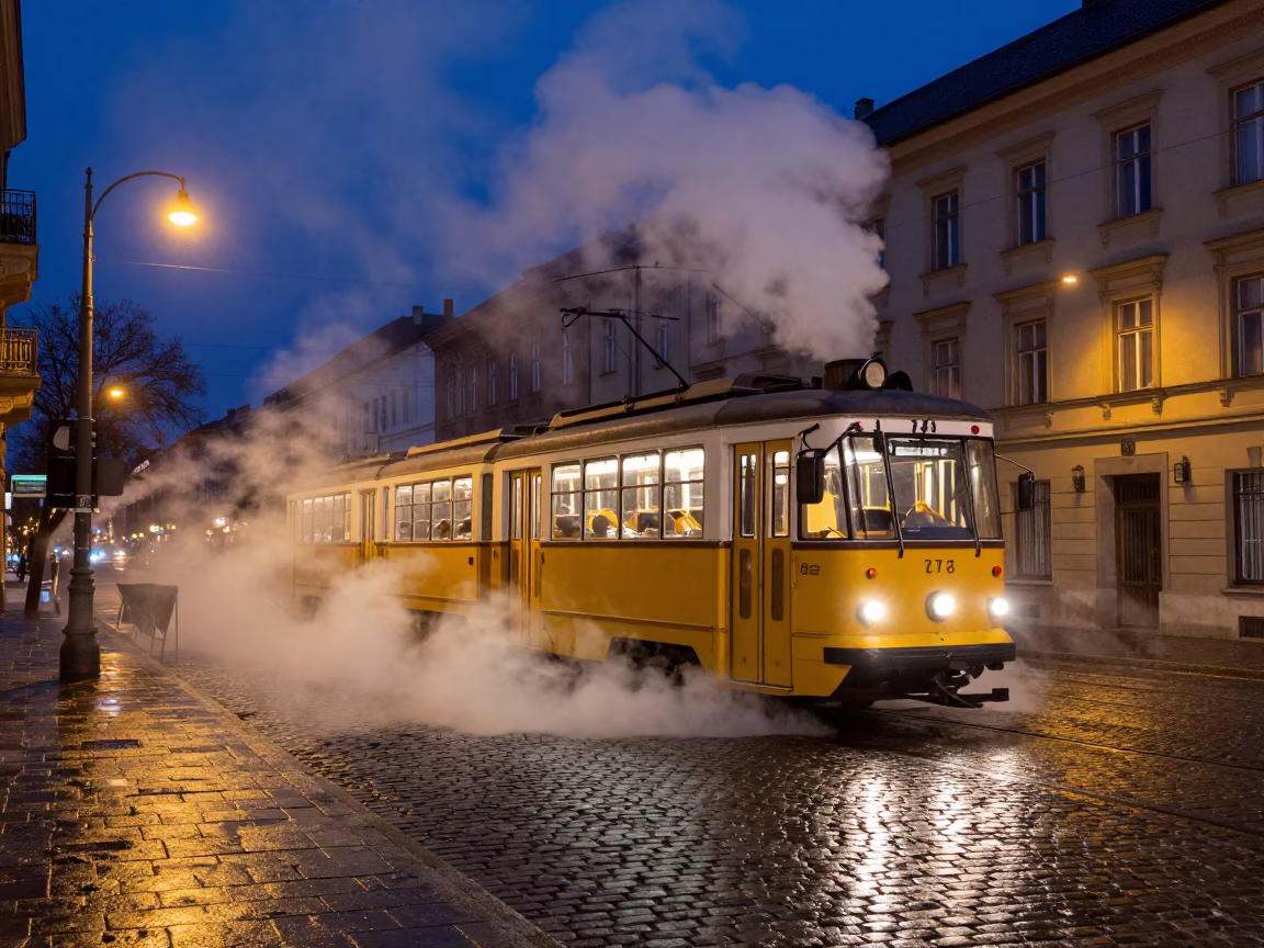 Heritage Tram in Budapest at Midnight Light in in Budapest, Hungary
