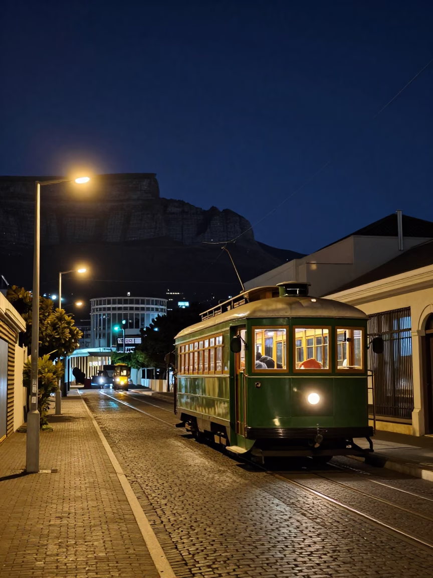 Heritage Tram in Cape Town at The Deepest Night Sky Light in in Cape Town, South Africa