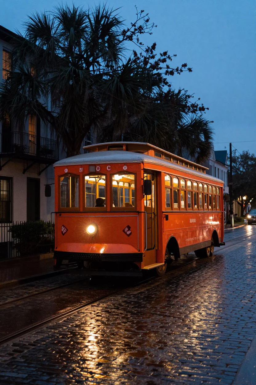 Heritage Tram in Charleston at Indigo Twilight After Sunset in in Charleston, South Carolina, United States