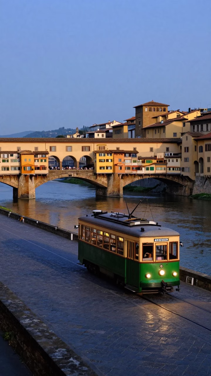 Heritage Tram in Florence at Nautical Dawn Light in in Florence, Italy