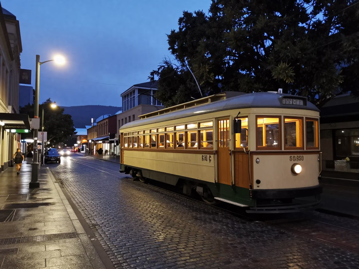 Heritage Tram in Hobart at Twilight in in Hobart, Tasmania, Australia