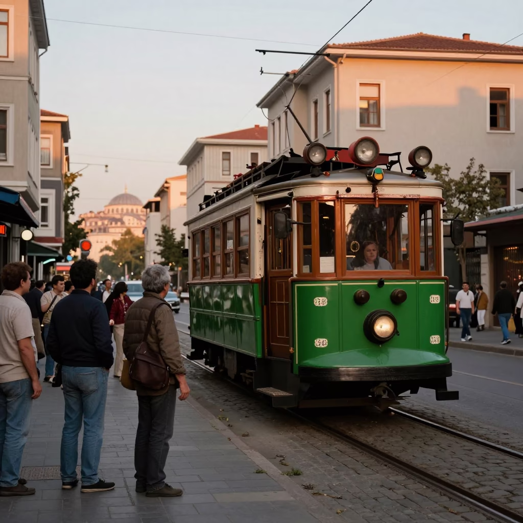 Heritage Tram in Istanbul at Copper-toned Light Before Dusk in in Istanbul, Turkey