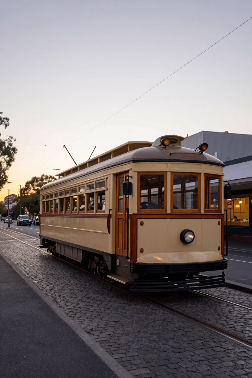 Heritage Tram in Melbourne at First Light Of Dawn in in Melbourne, Victoria, Australia