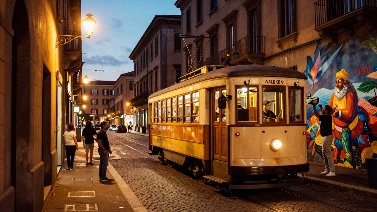 Heritage Tram in Naples at As City Lights Begin To Glow in in Naples, Italy