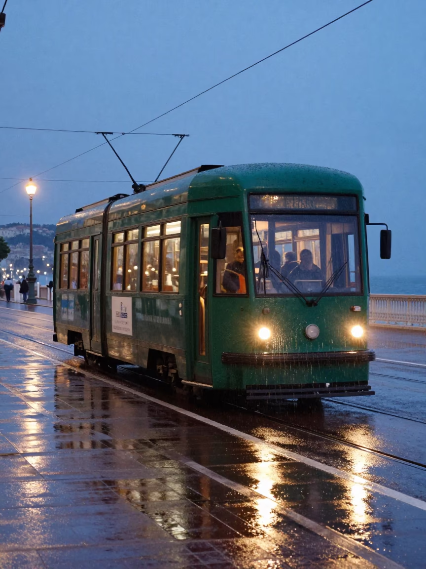 Heritage Tram in Nice at Blue Hour in in Nice, France