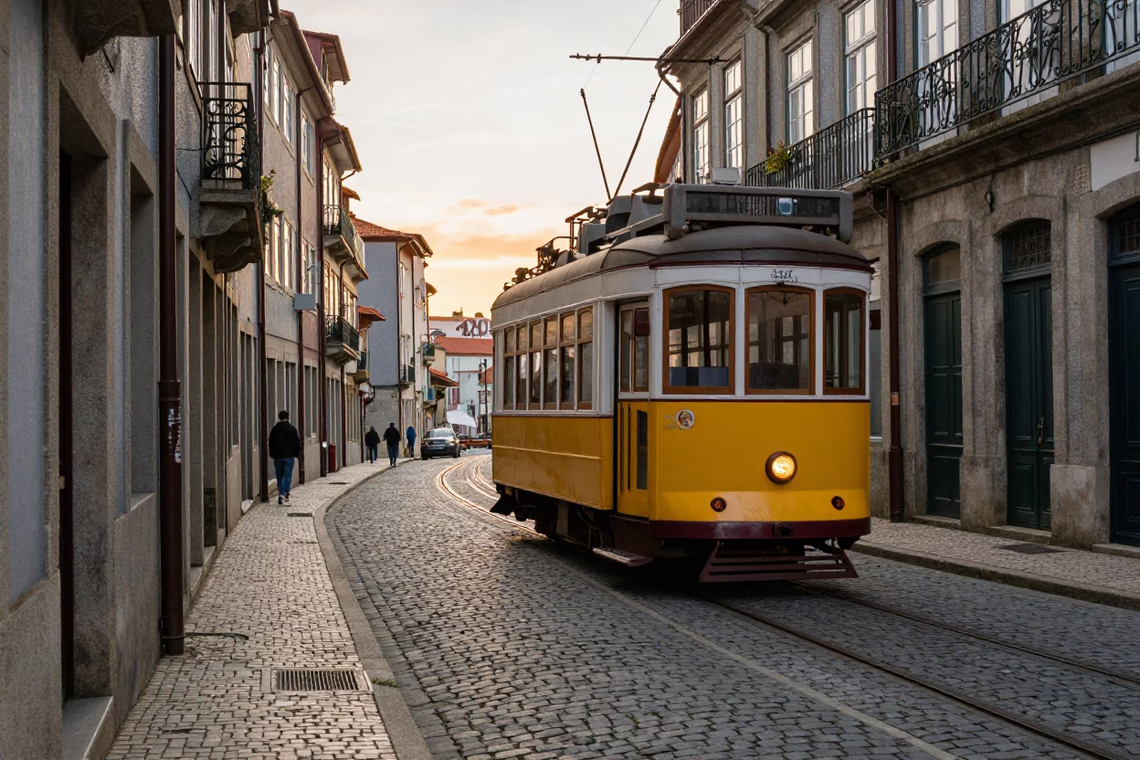 Heritage Tram in Porto at Golden Hour in in Porto, Portugal