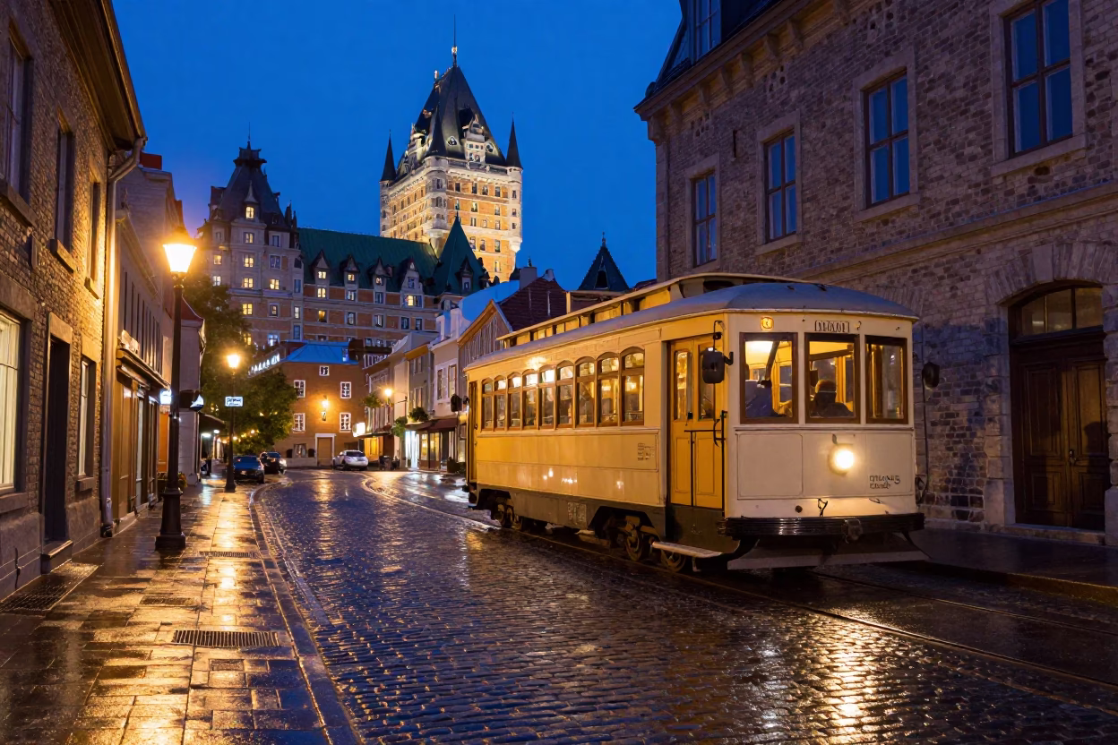Heritage Tram in Quebec City at As City Lights Begin To Glow in in Quebec City, Quebec, Canada