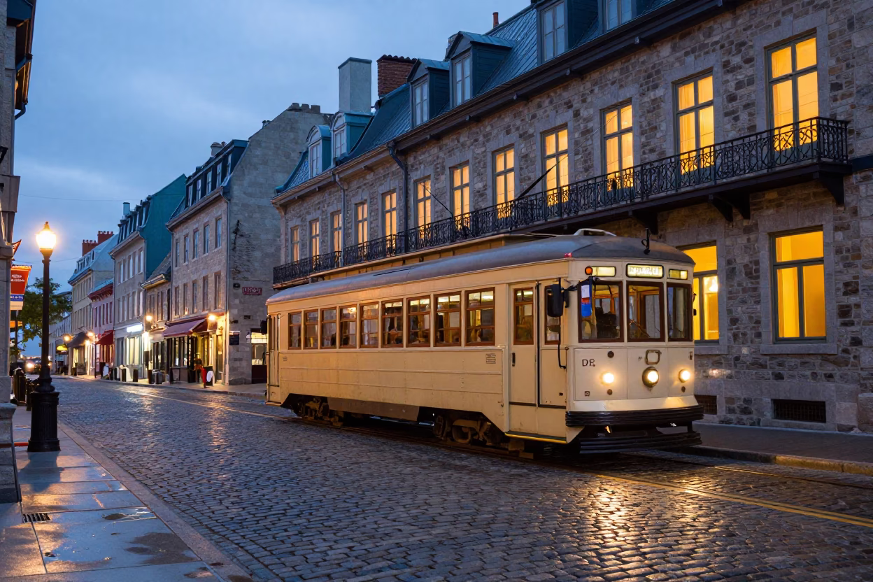 Heritage Tram in Quebec City at Blue Hour in in Quebec City, Quebec, Canada