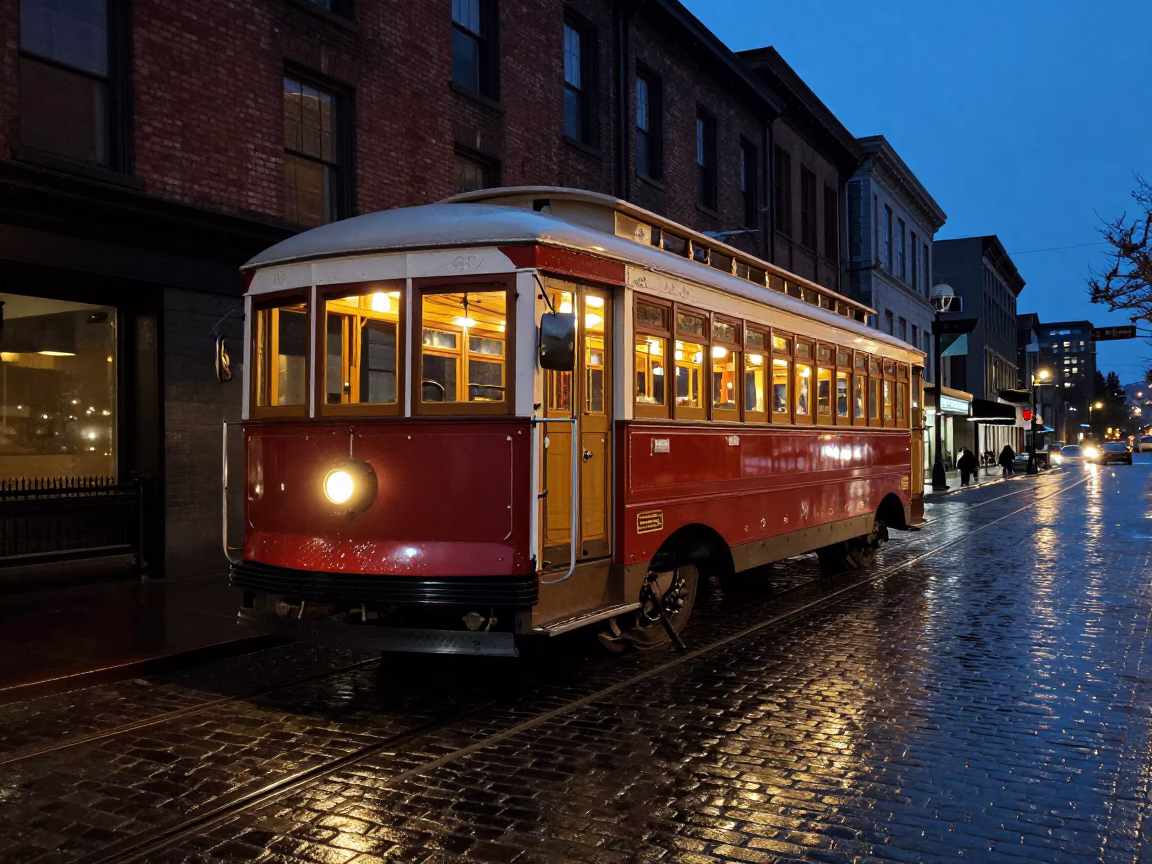 Heritage Tram in Seattle at Midnight Light in in Seattle, Washington, United States
