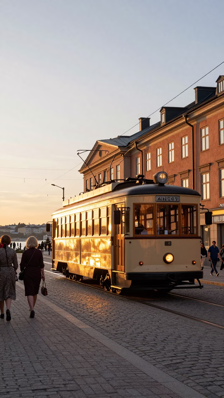 Heritage Tram in Stockholm at Sunset Light in in Stockholm, Sweden