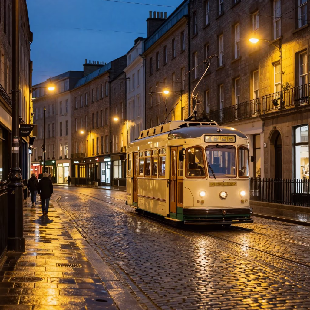Heritage Tram on Cobblestone Avenue at Dusk in Dublin Ireland in in Dublin, Ireland