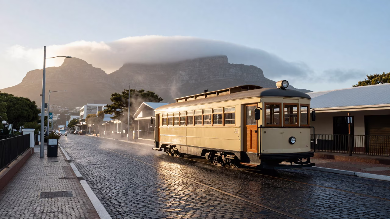 Heritage Tram on Cobblestone Avenue Cape Town South Africa First Light Morning Scene in in Cape Town, South Africa