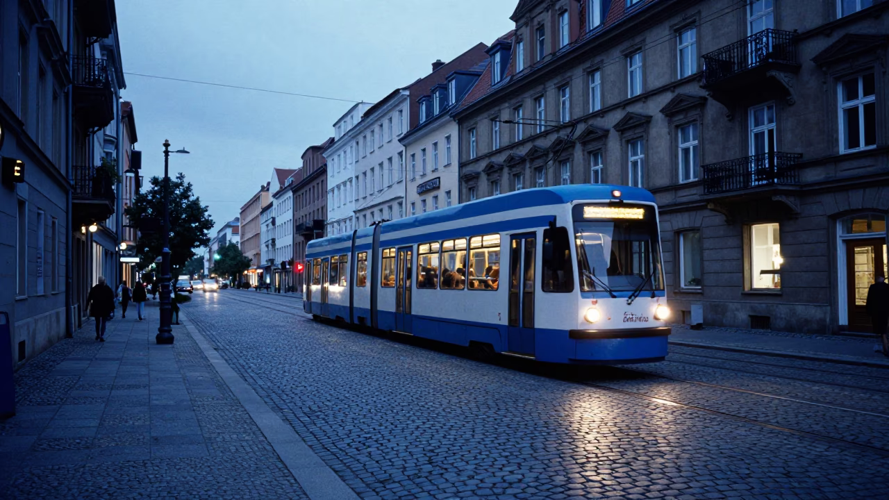 Heritage Tram on Cobblestone Avenue in Berlin Germany During Blue Hour Evening Light in in Berlin, Germany