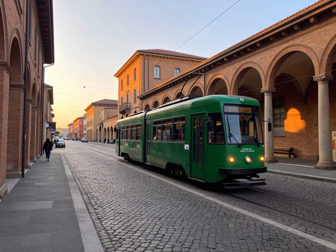 Heritage Tram on Cobblestone Avenue in Bologna Italy at First Light in in Bologna, Italy