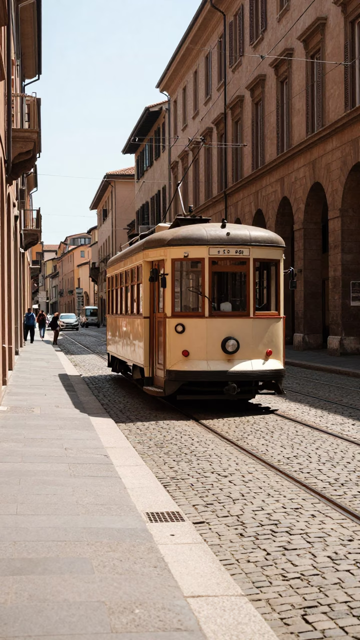 Heritage Tram on Cobblestone Avenue in Bologna Under Flat Noon Light in in Bologna, Italy
