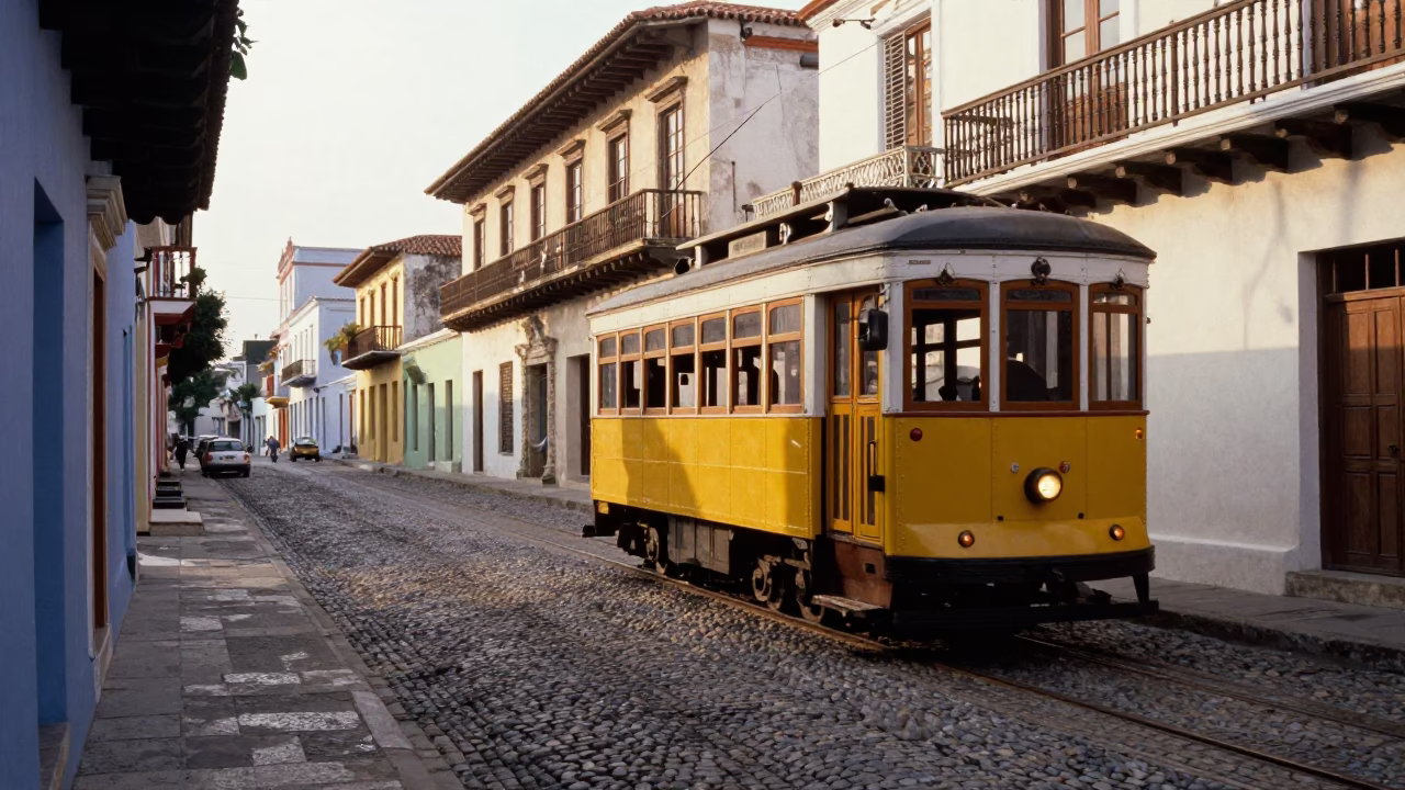 Heritage Tram on Cobblestone Avenue in Cartagena Colombia at First Light in in Cartagena, Colombia