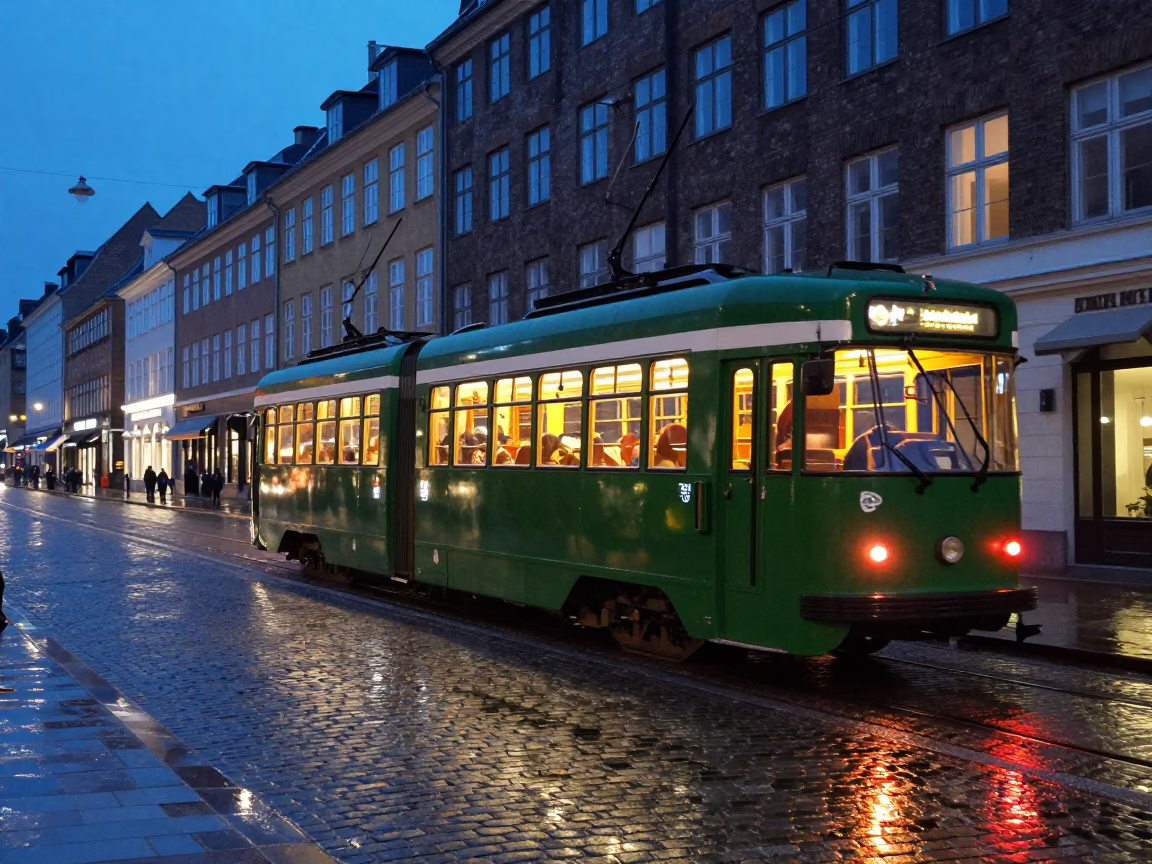 Heritage Tram on Cobblestone Avenue in Copenhagen Denmark at Twilight with Wicker Shadow in in Copenhagen, Denmark