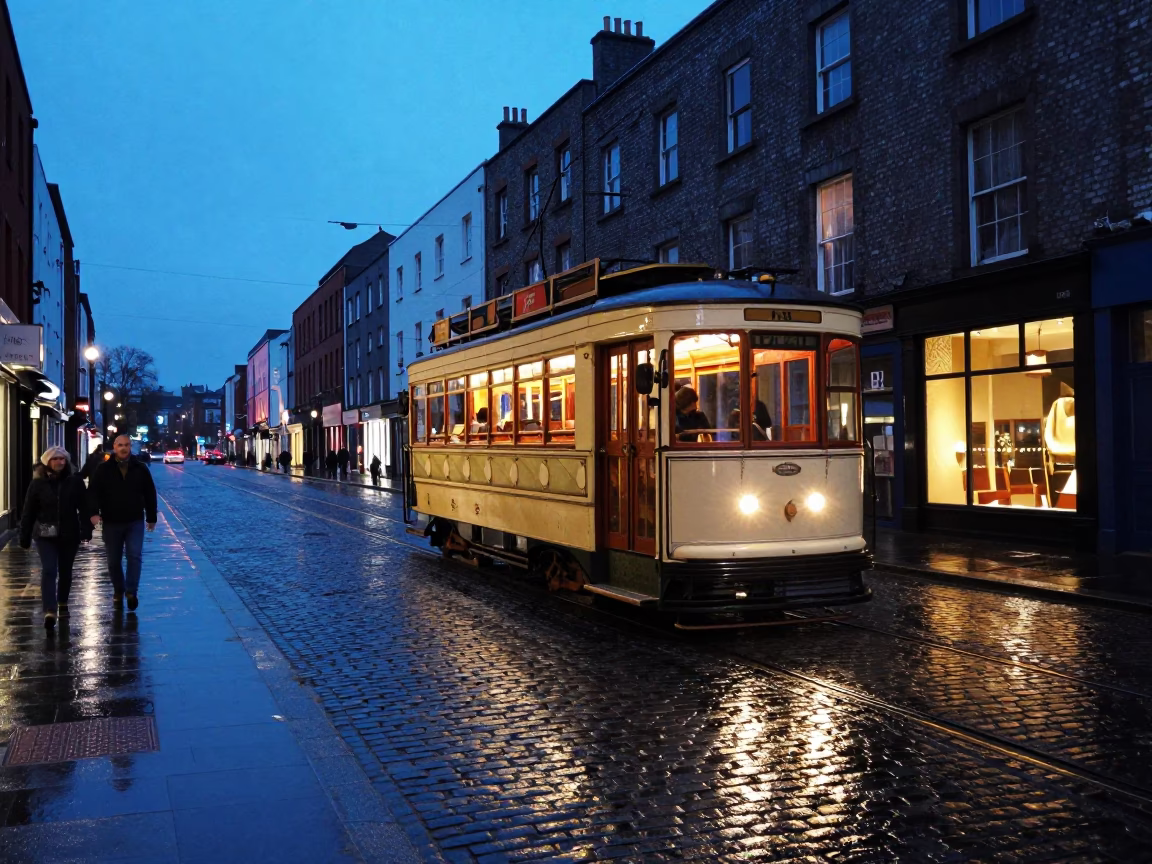 Heritage Tram on Cobblestone Avenue in Dublin Ireland Evening Blue Light in in Dublin, Ireland