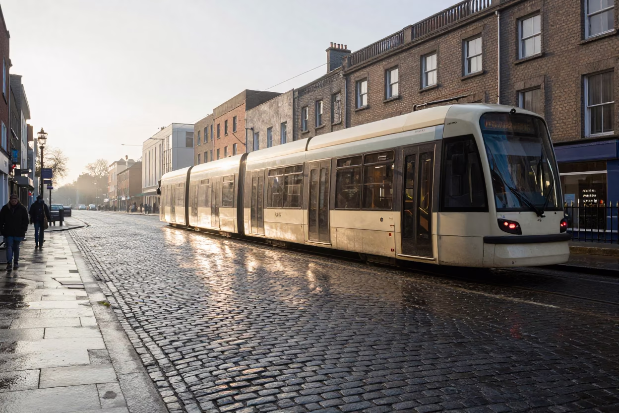 Heritage Tram on Cobblestone Avenue in Dublin Ireland Just After Sunrise in in Dublin, Ireland