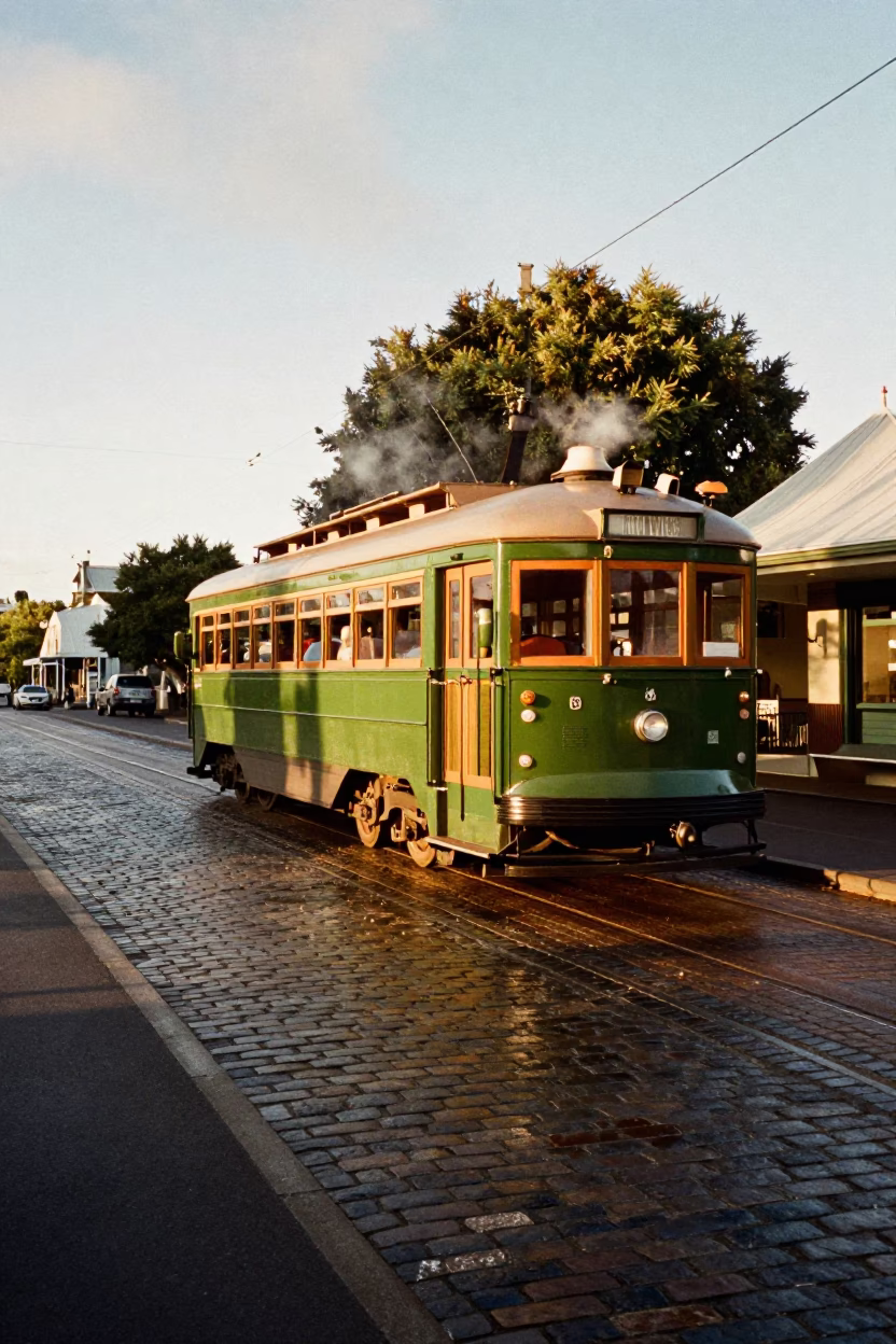 Heritage Tram on Cobblestone Avenue in Honeyed Evening Light Auckland New Zealand in in Auckland, New Zealand