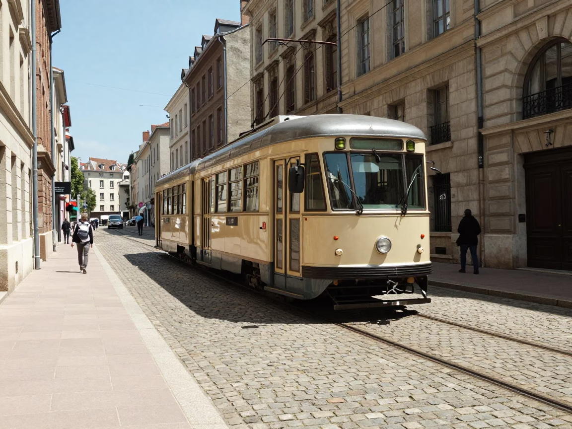 Heritage Tram on Cobblestone Avenue in Lyon Under Flat Noon Glare in in Lyon, France