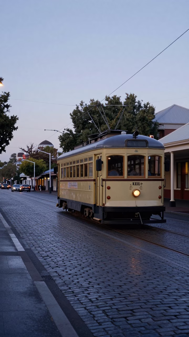 Heritage Tram on Cobblestone Avenue in Pre-Dawn Adelaide South Australia in in Adelaide, South Australia, Australia