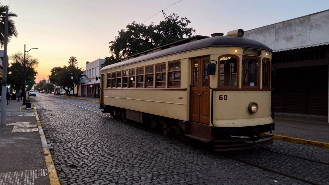 Heritage Tram on Cobblestone Avenue in Pre-Dawn Buenos Aires Argentina in in Buenos Aires, Argentina