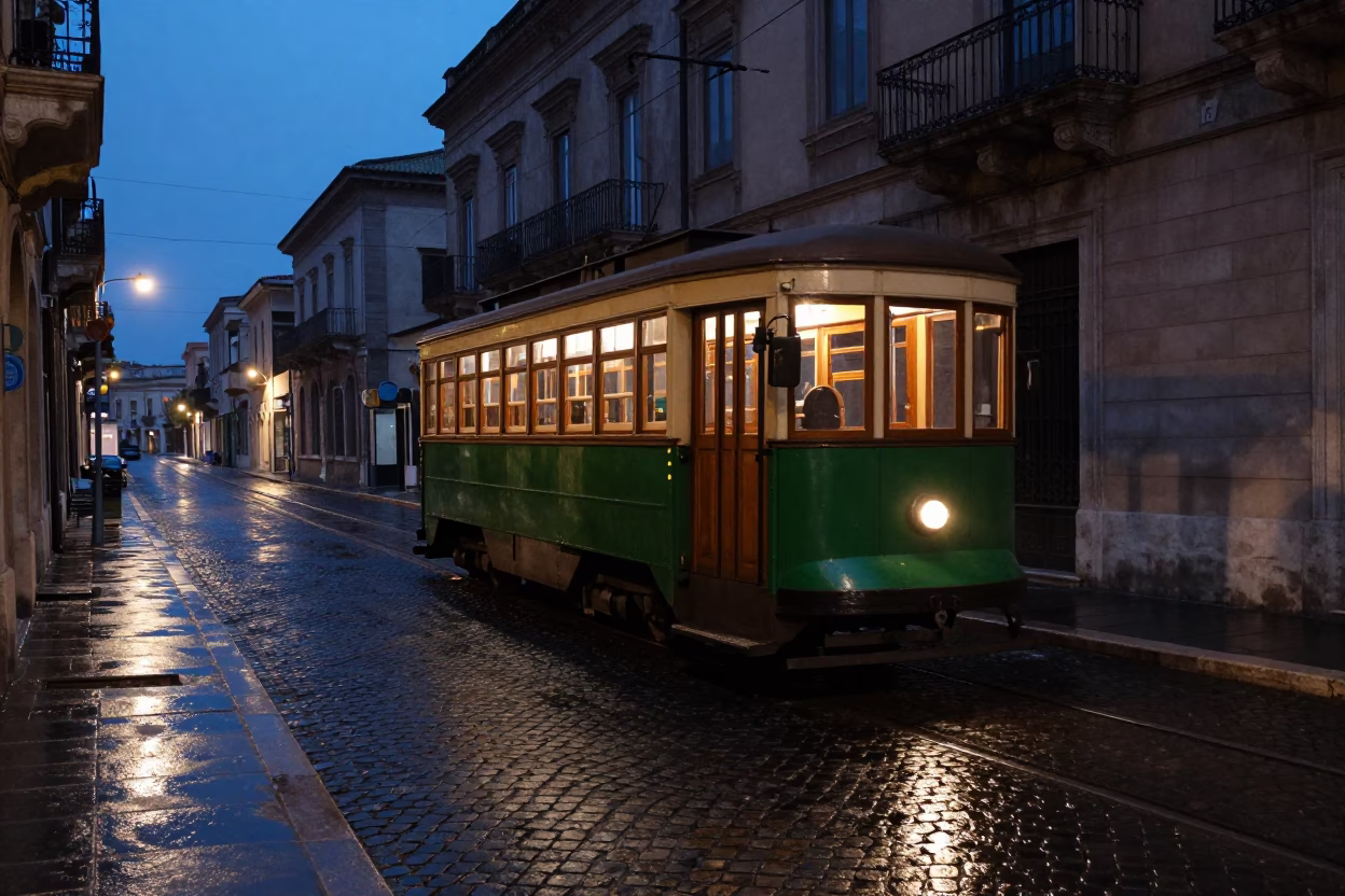 Heritage Tram on Cobblestone Avenue in Predawn Palermo Italy in in Palermo, Italy