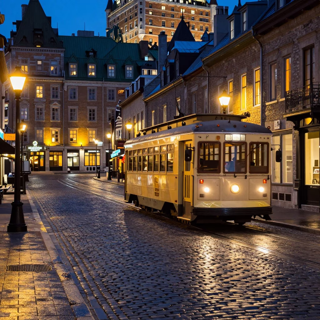 Heritage Tram on Cobblestone Avenue in Quebec City at Dusk with City Lights in in Quebec City, Quebec, Canada