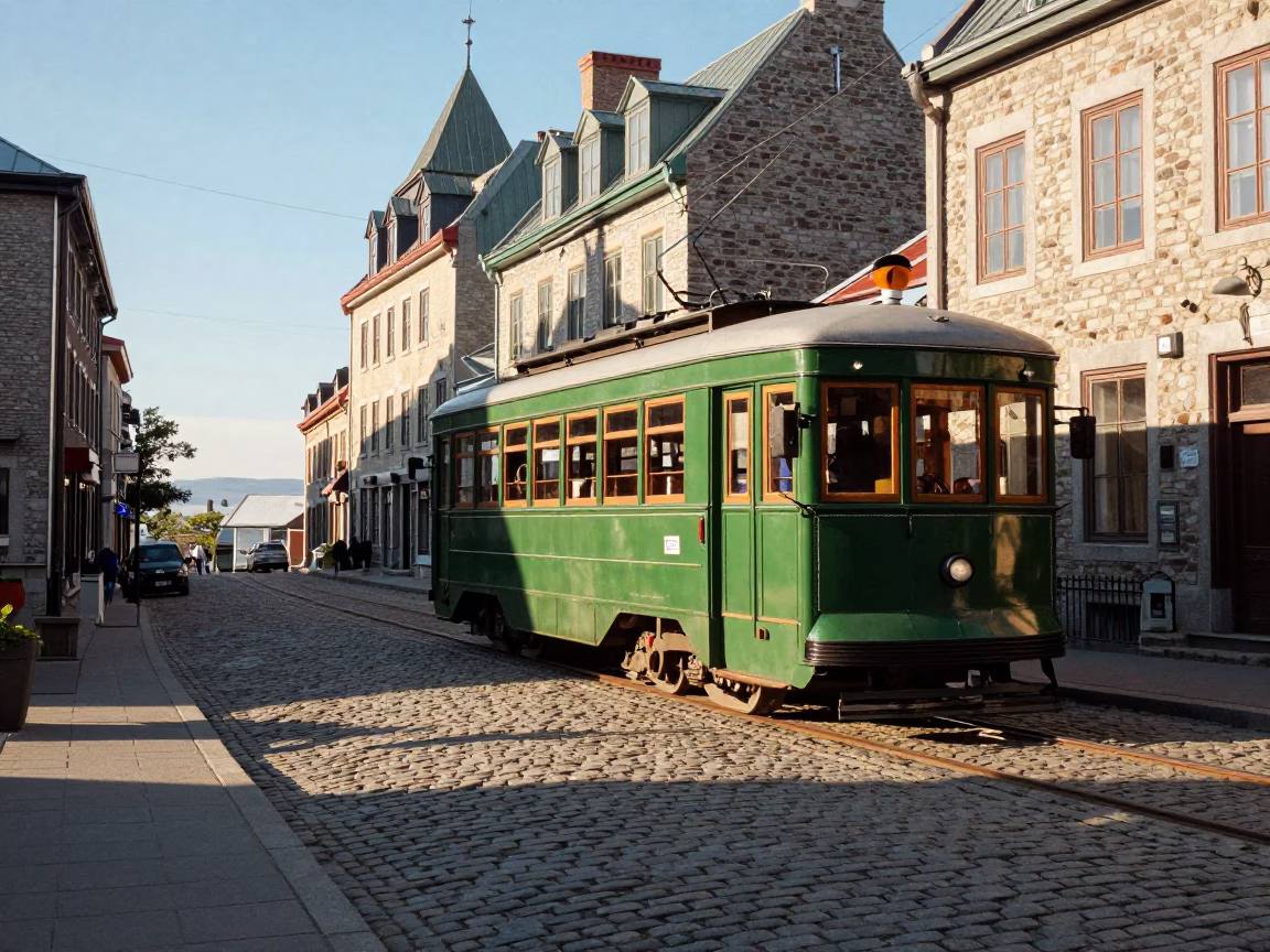 Heritage Tram on Cobblestone Avenue in Quebec City Late Afternoon Light in in Quebec City, Quebec, Canada