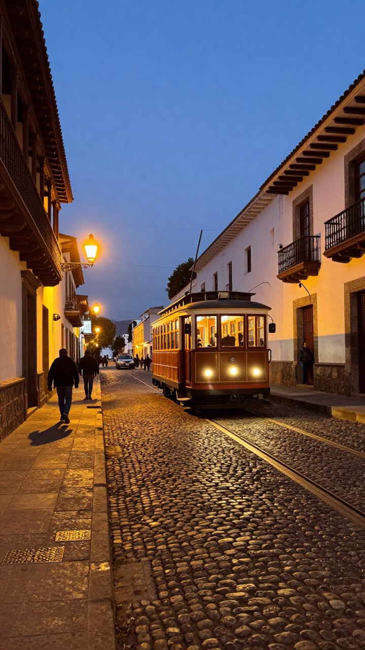 Heritage Tram on Cobblestone Avenue in Quito Ecuador at Twilight in in Quito, Ecuador
