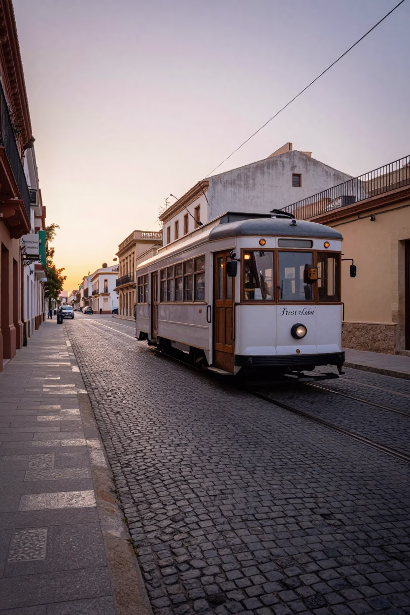 Heritage Tram on Cobblestone Avenue in Valencia Spain at First Light Dawn in in Valencia, Spain