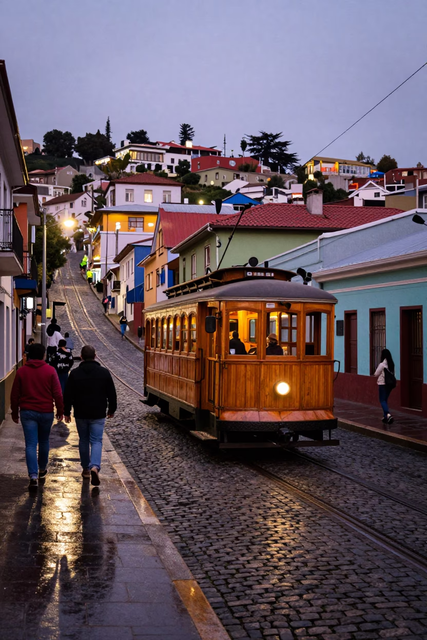 Heritage Tram on Cobblestone Avenue in Valparaiso Chile at Twilight in in Valparaiso, Chile