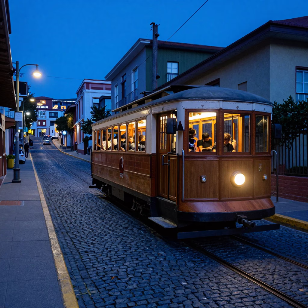 Heritage Tram on Cobblestone Avenue in Valparaiso Chile During Blue Hour in in Valparaiso, Chile