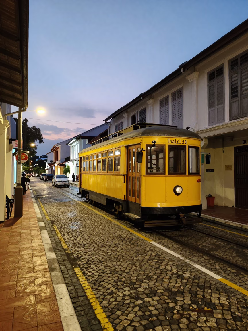 Heritage Tram on Cobblestone Street in George Town Malaysia Before Dawn in in George Town, Malaysia