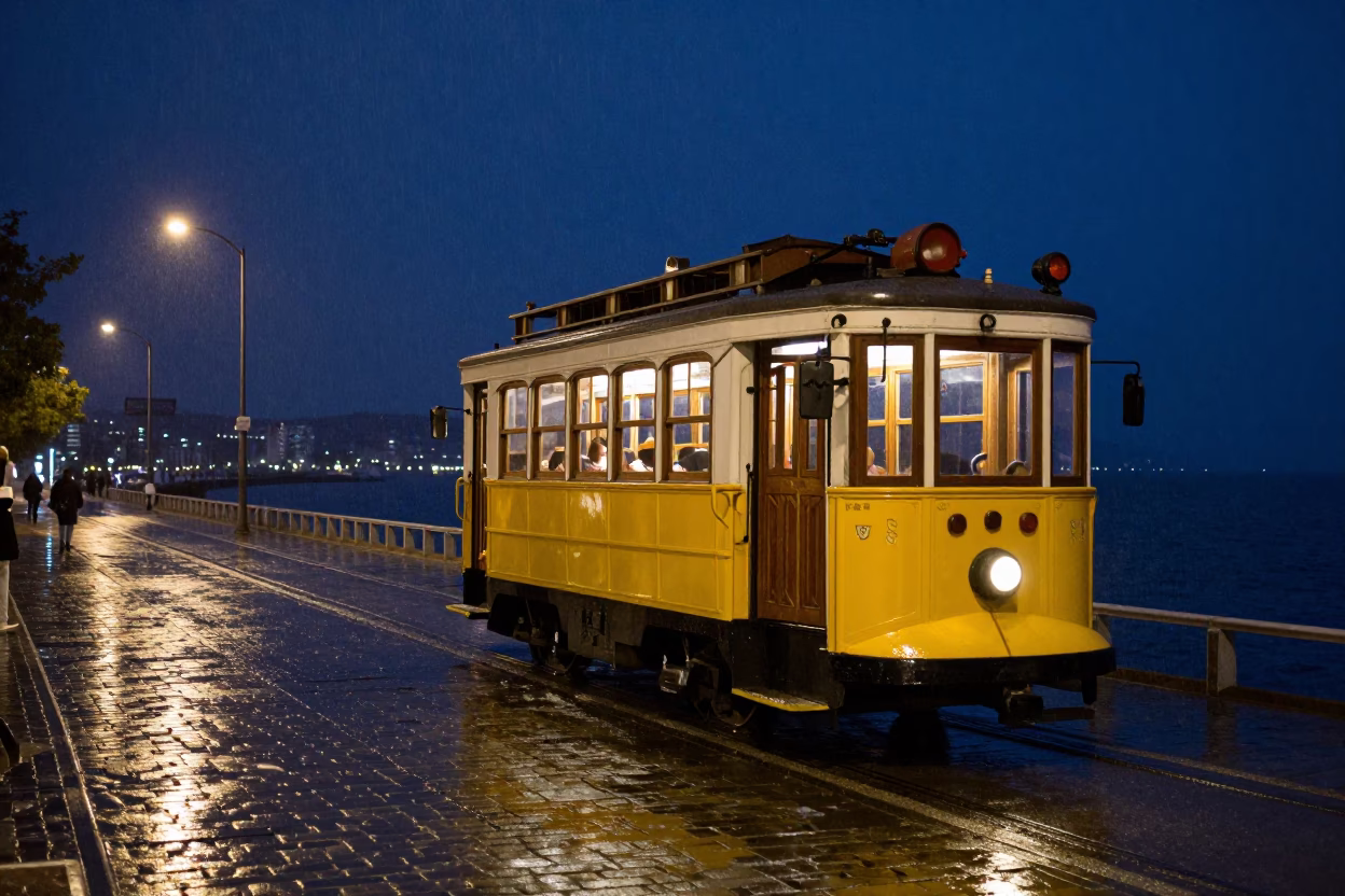 Heritage Tram on Rain-Swept Coastal Promenade at Night in Izmir Turkey in in Izmir, Turkey