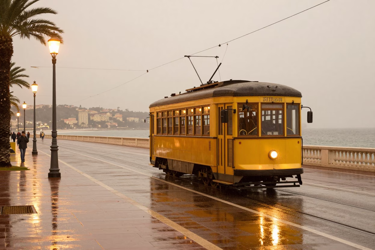 Heritage Tram on Rain-Swept Coastal Promenade in Nice France at Dusk in in Nice, France