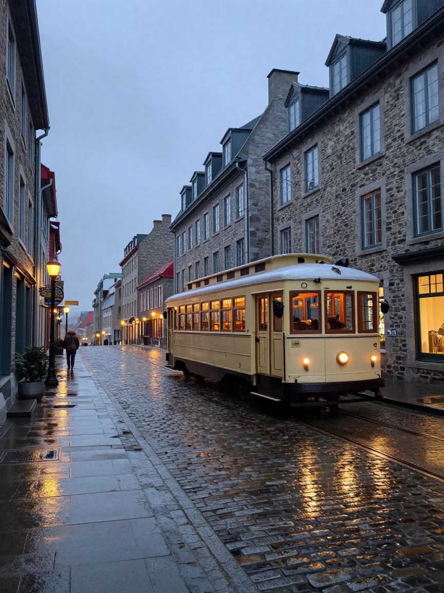 Heritage Tram on Rain-Swept Promenade in Quebec City at Dusk in in Quebec City, Quebec, Canada
