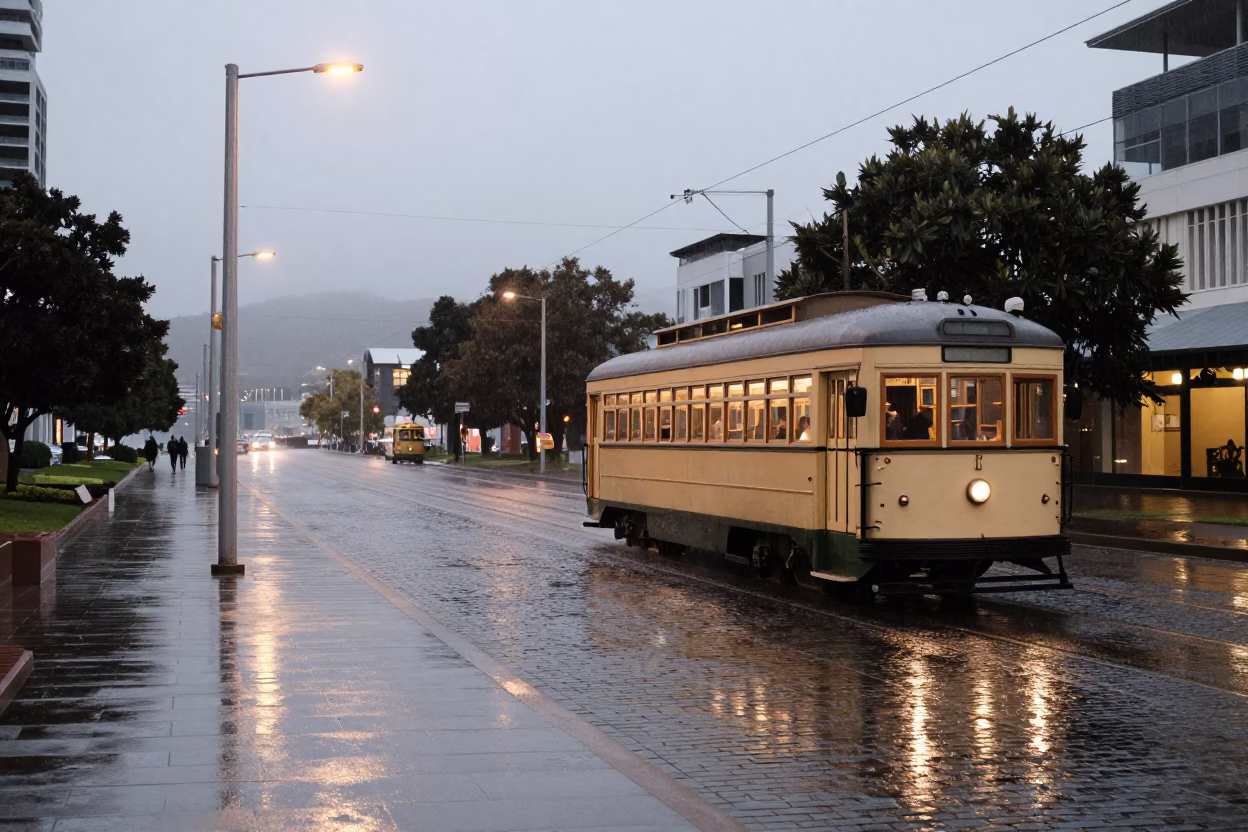 Heritage Tram Passing Rain-Swept Hobart Waterfront at Dusk with City Lights in in Hobart, Tasmania, Australia
