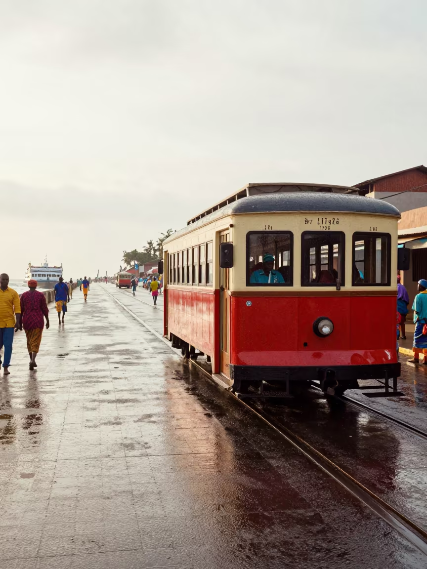 Heritage Trolley Car on Nigerian Waterfront Street in across a remote ferry crossing in Nigeria