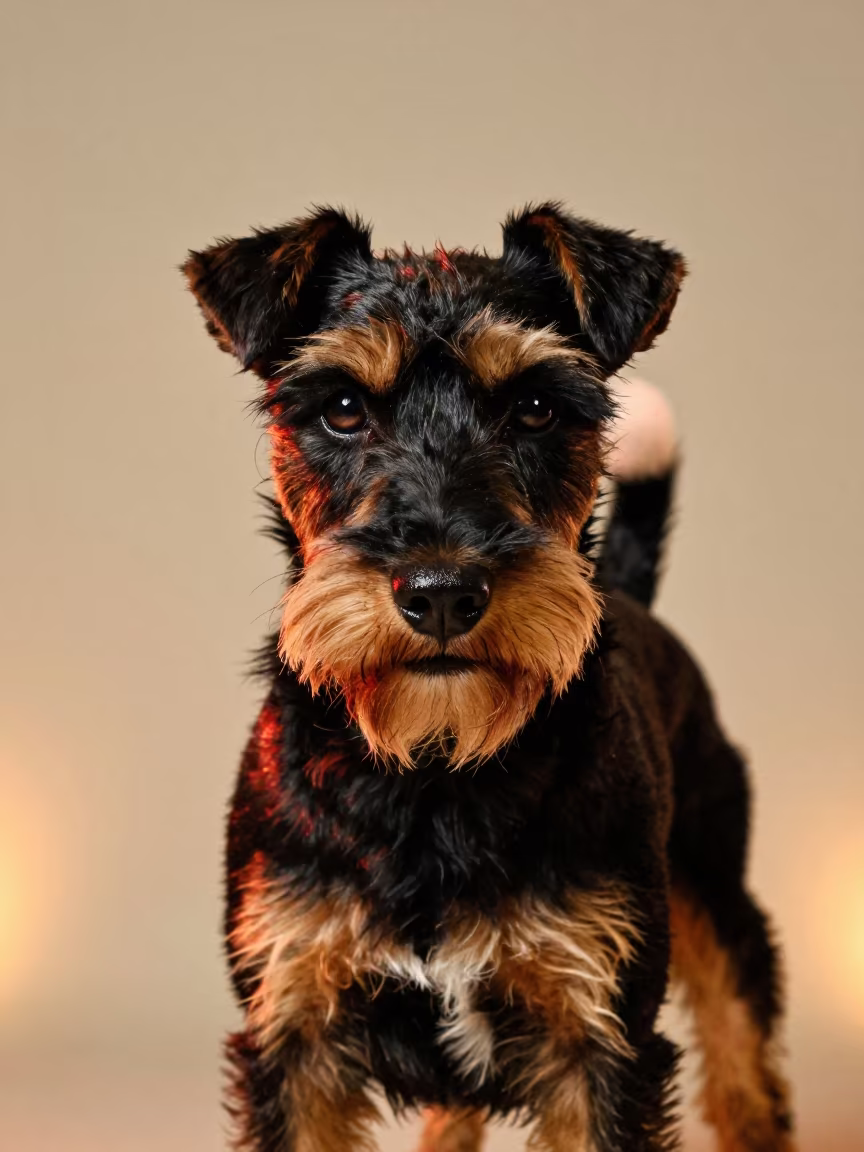 Hermanus Terrier Portrait in Neon Studio Light in in a quiet portrait studio with a plain backdrop and eye-level framing in Hermanus