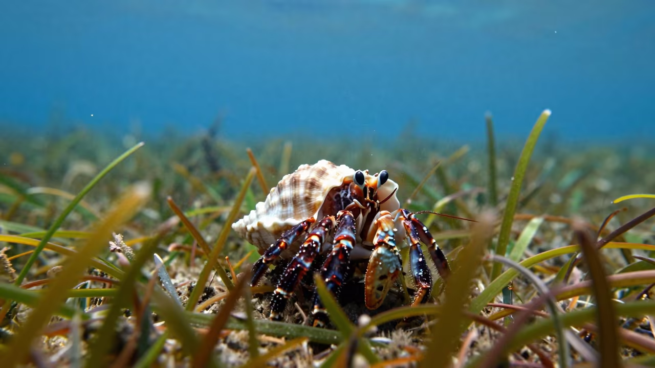 Hermit Crab Shell Amidst Seagrass Sydney in above a seagrass meadow near Sydney