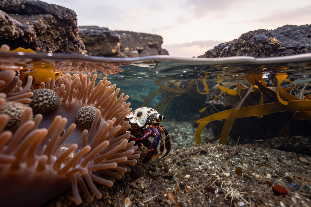 Hermit Crab in Sydney Tide Pool in through kelp fronds beside a rocky shelf near Sydney