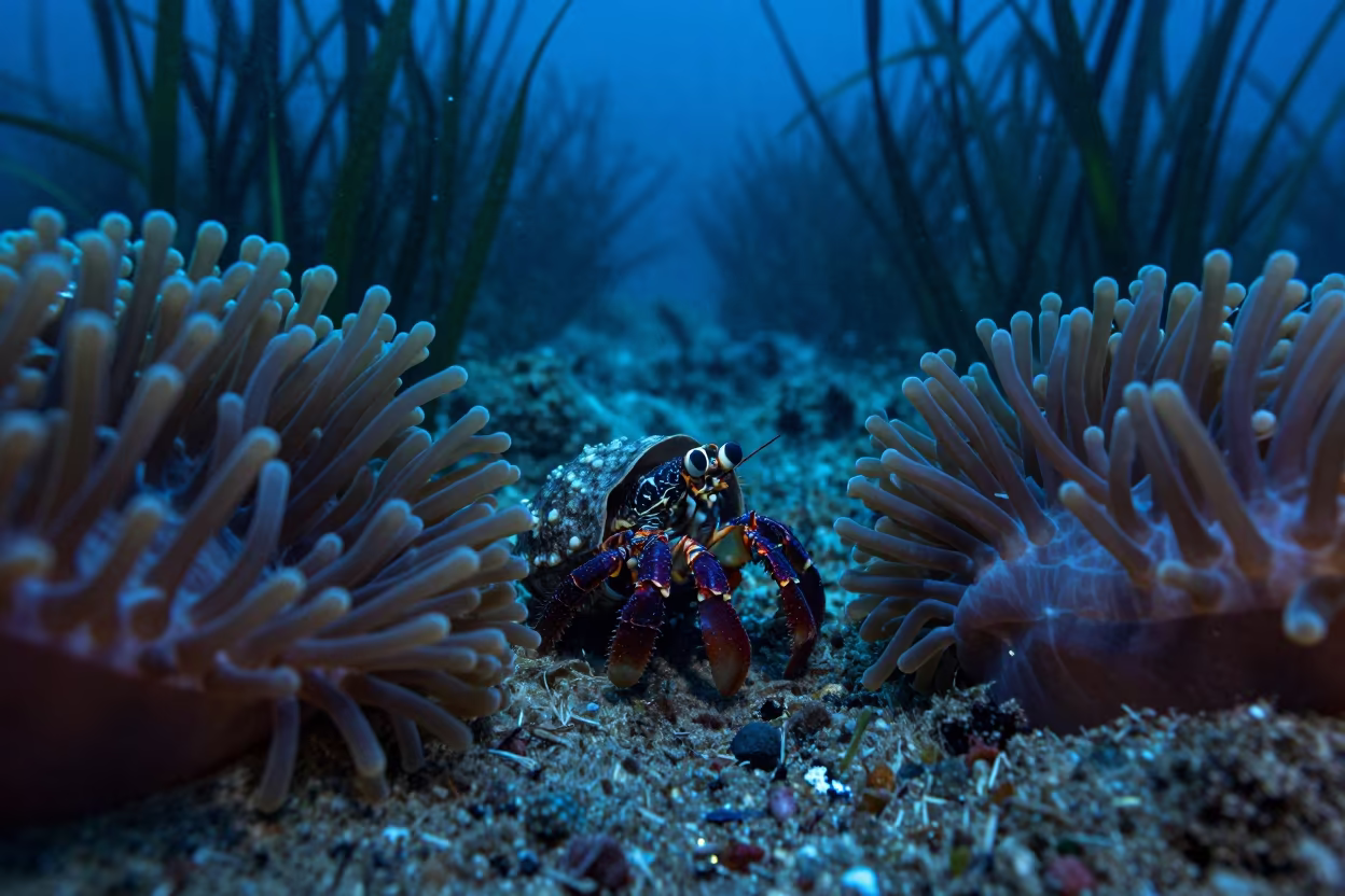 Hermit Crab in Blue Tide Pool Catalonia in along a seagrass channel near the coast in Catalonia