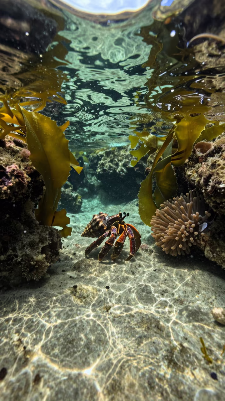 Hermit Crab Tide Pool Kerala Under Kelp in through kelp fronds beside a rocky shelf in Kerala