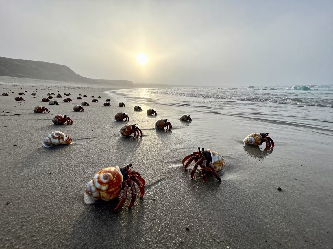 Hermit Crabs Migrating Along Glacial Stream Beach in above a glacial stream near Mumbai
