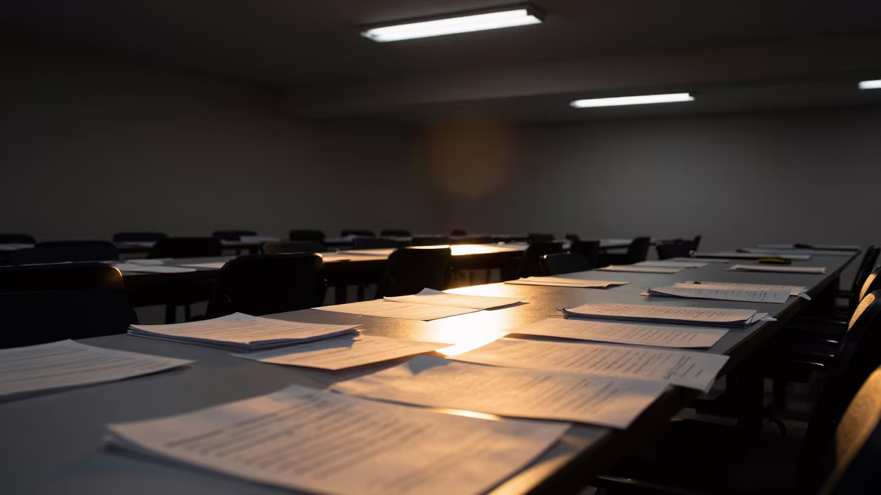 Hermosillo Seminar Desk Lit by Late Night Fluorescent Light in at a seminar table covered in notes in Hermosillo