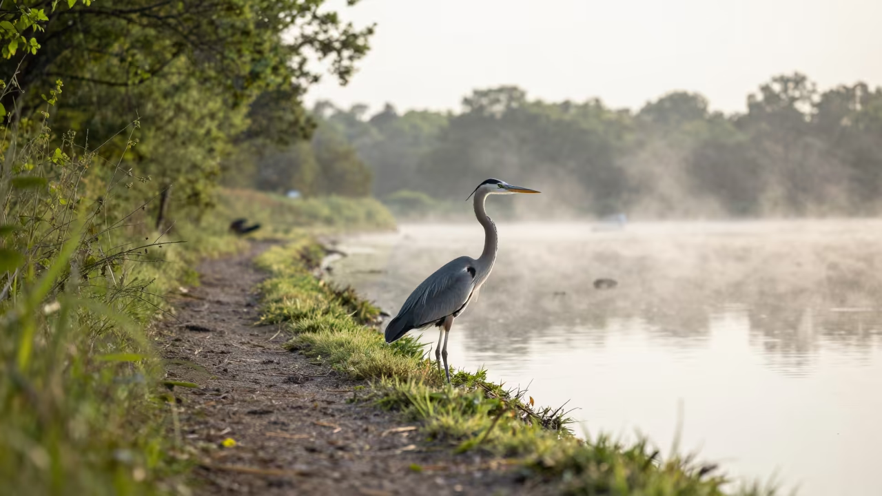 Heron Stalking in Dawn Shallows at Portsmouth in along a game trail near Portsmouth