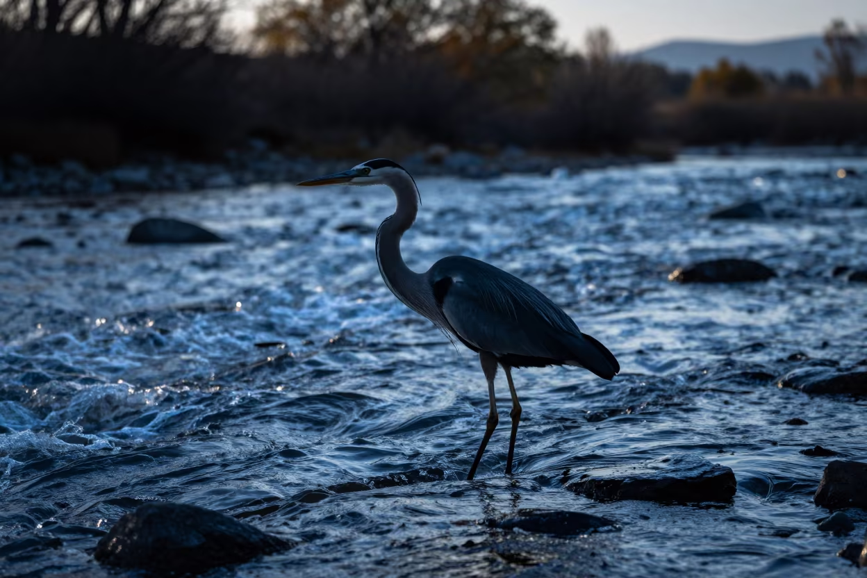 Silhouette of Heron in Glacial Stream in above a glacial stream near Aktobe